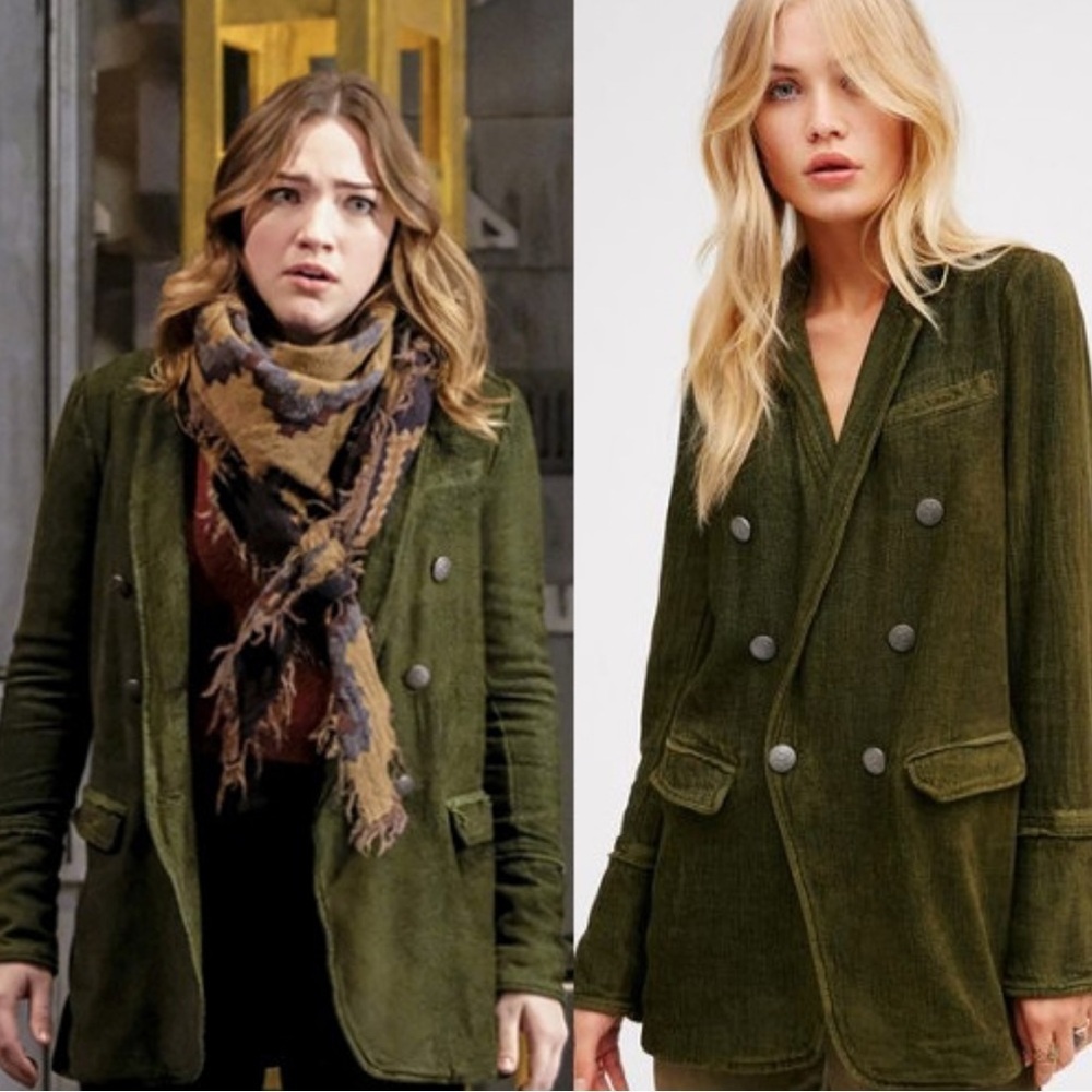 FREE PEOPLE Double Breasted Chenille Long Blazer Military Style Green Size Small